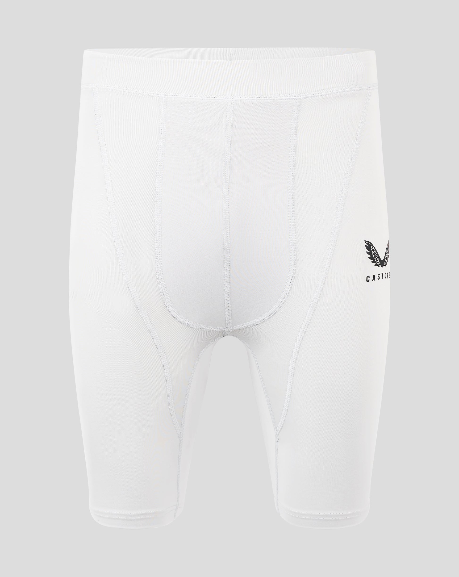 Rear view of white mens baselayer shorts showing folded waistband and panel seams with a heat sealed Castore logo