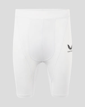 Rear view of white mens baselayer shorts showing folded waistband and panel seams with a heat sealed Castore logo