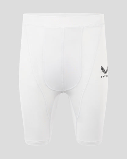 Rear view of white mens baselayer shorts showing folded waistband and panel seams with a heat sealed Castore logo