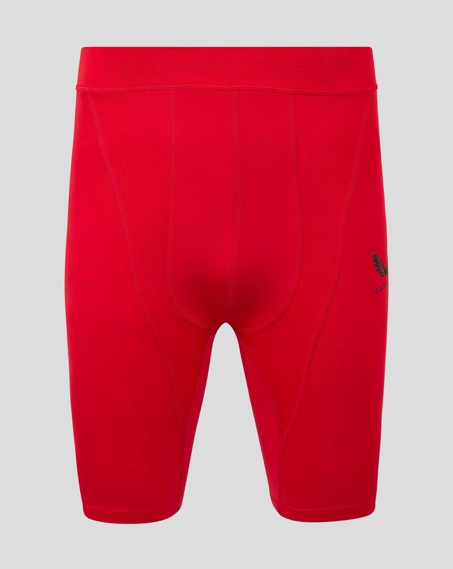 Red Baselayer shorts with folded waistband panel seams and Castore logo on the leg