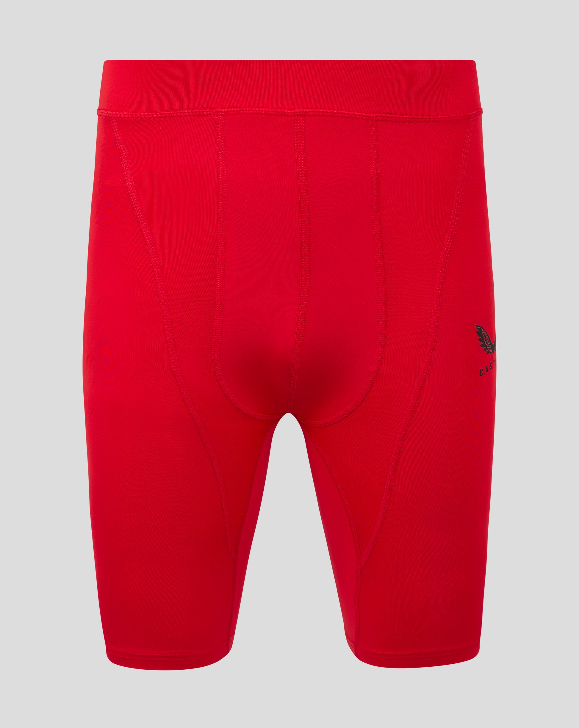 Red Baselayer shorts with folded waistband panel seams and Castore logo on the leg