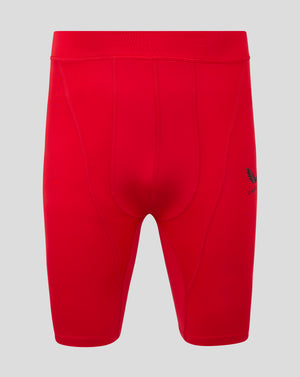 Red Baselayer shorts with folded waistband panel seams and Castore logo on the leg