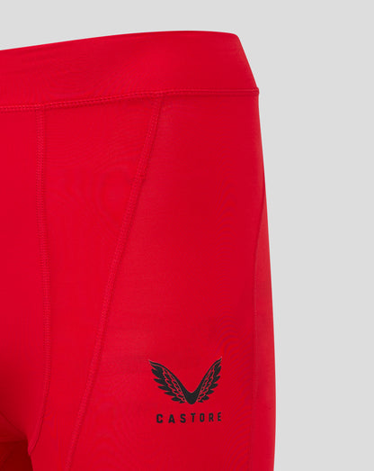 Close up of red baselayer short waistband with flatlock stitching and panel seams