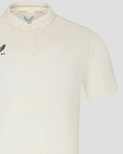Cream mens cricket polo with self fabric collar three button placket and chest Castore logo