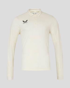 Cannoli Cream men's long sleeve cricket shirt with self fabric collar panelled shoulders and heat sealed Castore logo