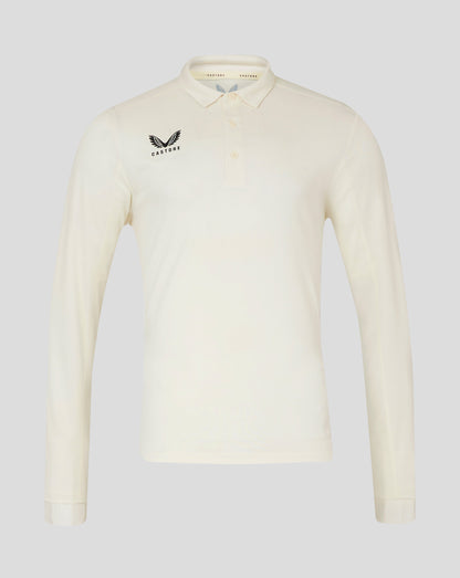 Cannoli Cream men's long sleeve cricket shirt with self fabric collar panelled shoulders and heat sealed Castore logo