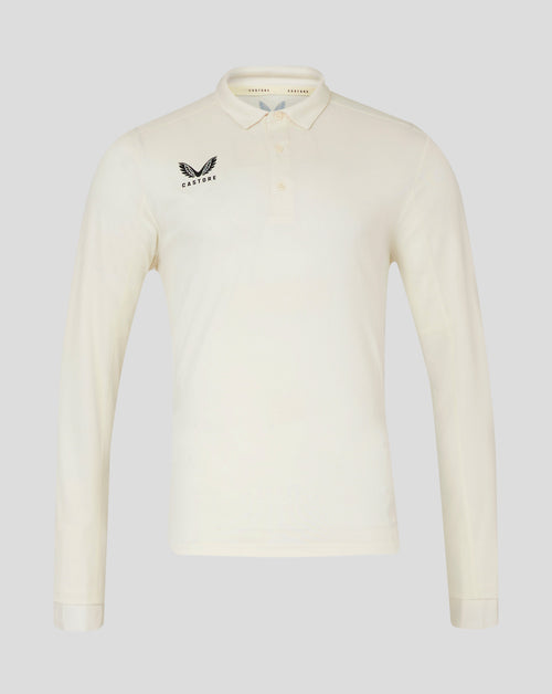 Cannoli Cream men's long sleeve cricket shirt with self fabric collar panelled shoulders and heat sealed Castore logo
