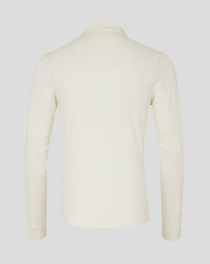 Back view of Cannoli Cream men's long sleeve cricket shirt showing collar and shoulder seam detail