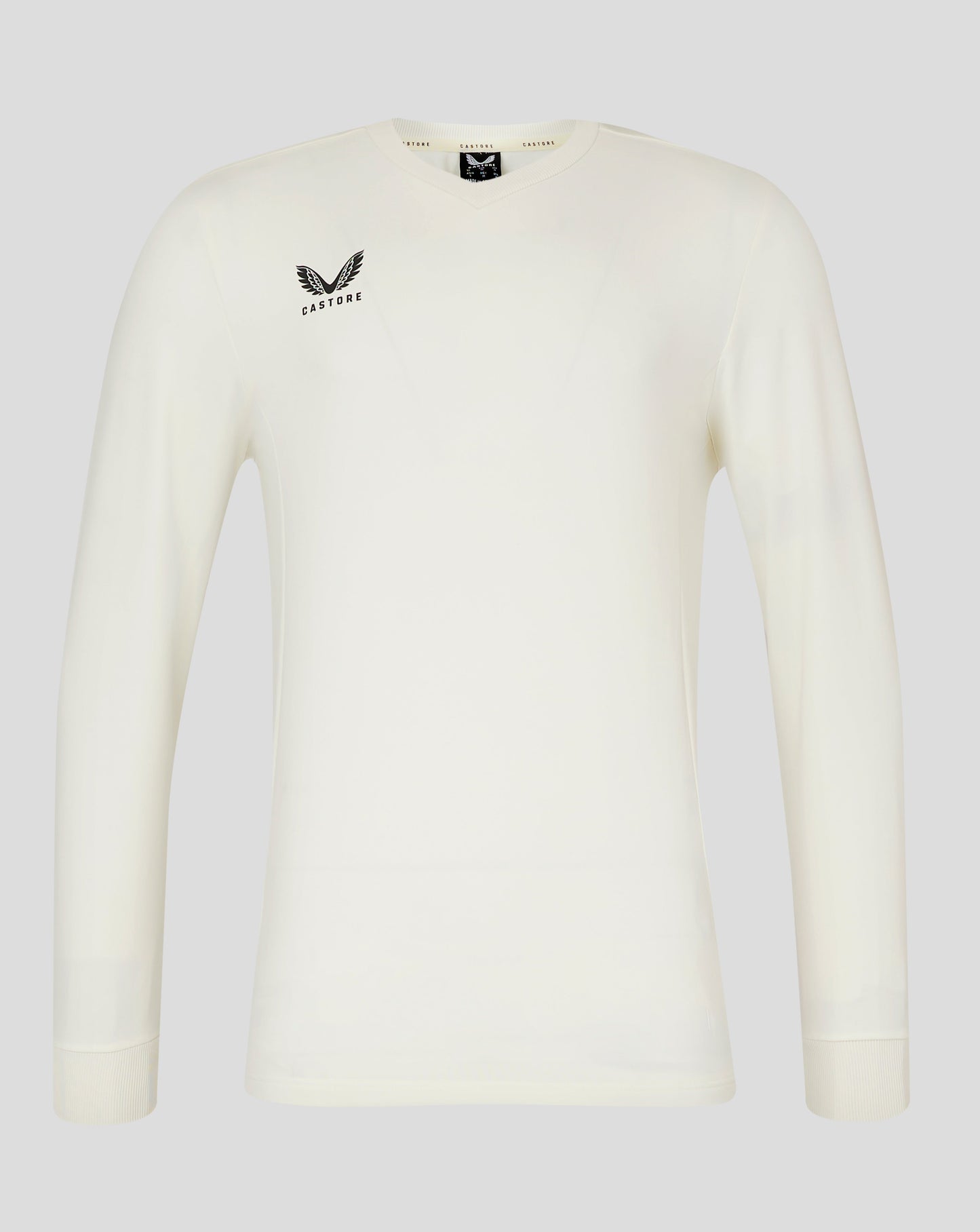 Mens Cricket Jumper Cannoli Cream front view showing mitred V neck and Castore logo on chest