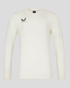 Mens Cricket Jumper Cannoli Cream front view showing mitred V neck and Castore logo on chest