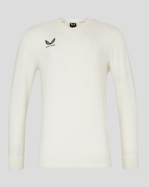 Mens Cricket Jumper Cannoli Cream front view showing mitred V neck and Castore logo on chest