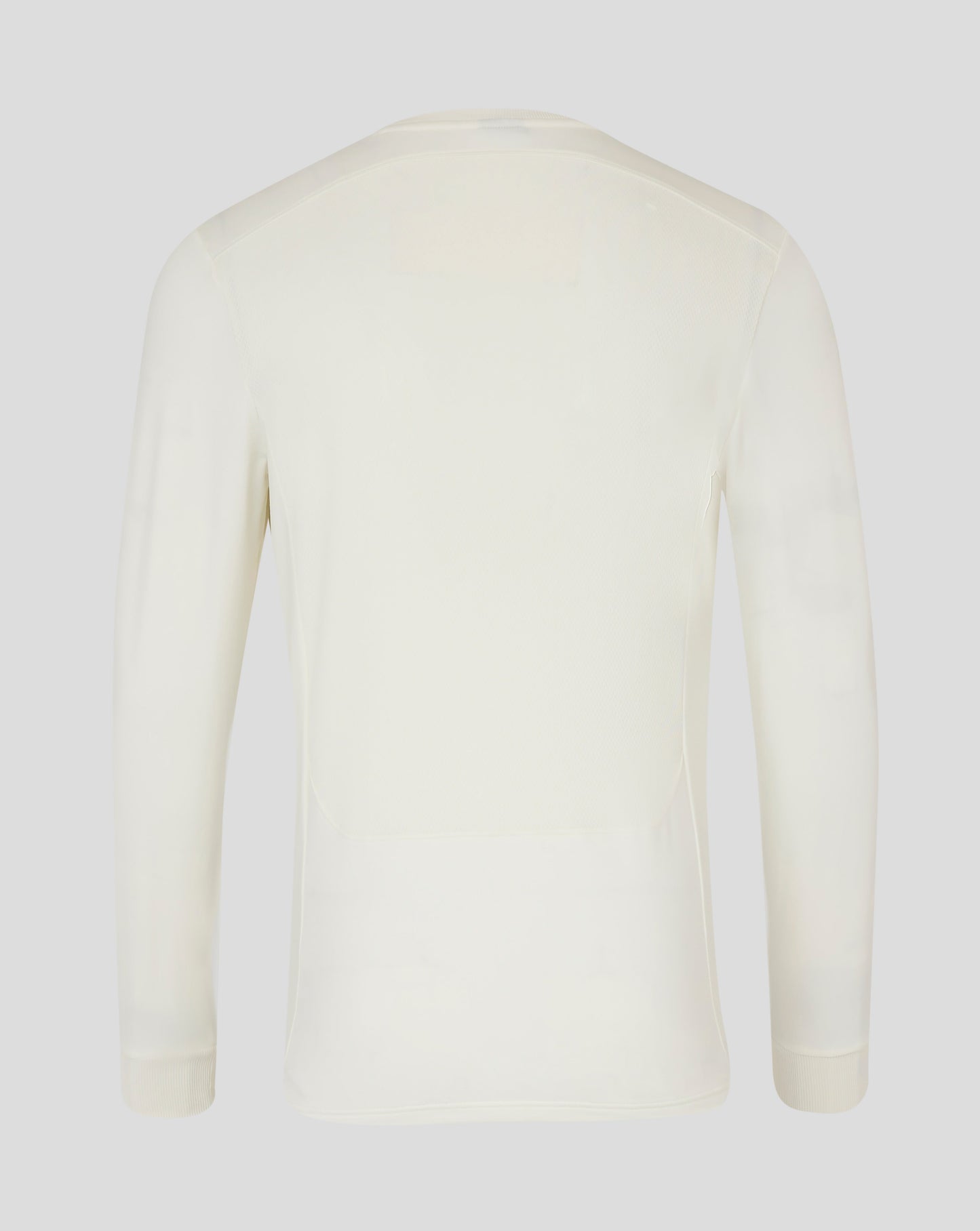 Back view of Cannoli Cream cricket jumper with clean shoulder lines and ribbed cuffs