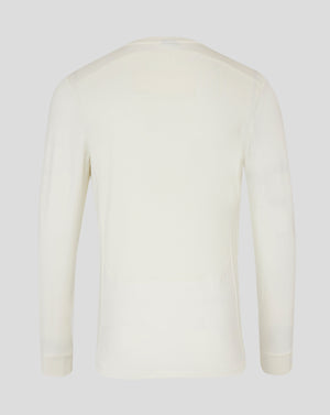 Back view of Cannoli Cream cricket jumper with clean shoulder lines and ribbed cuffs