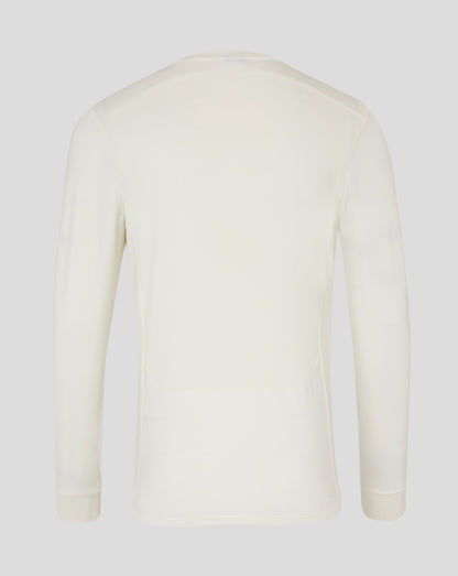 Back view of Cannoli Cream cricket jumper with clean shoulder lines and ribbed cuffs