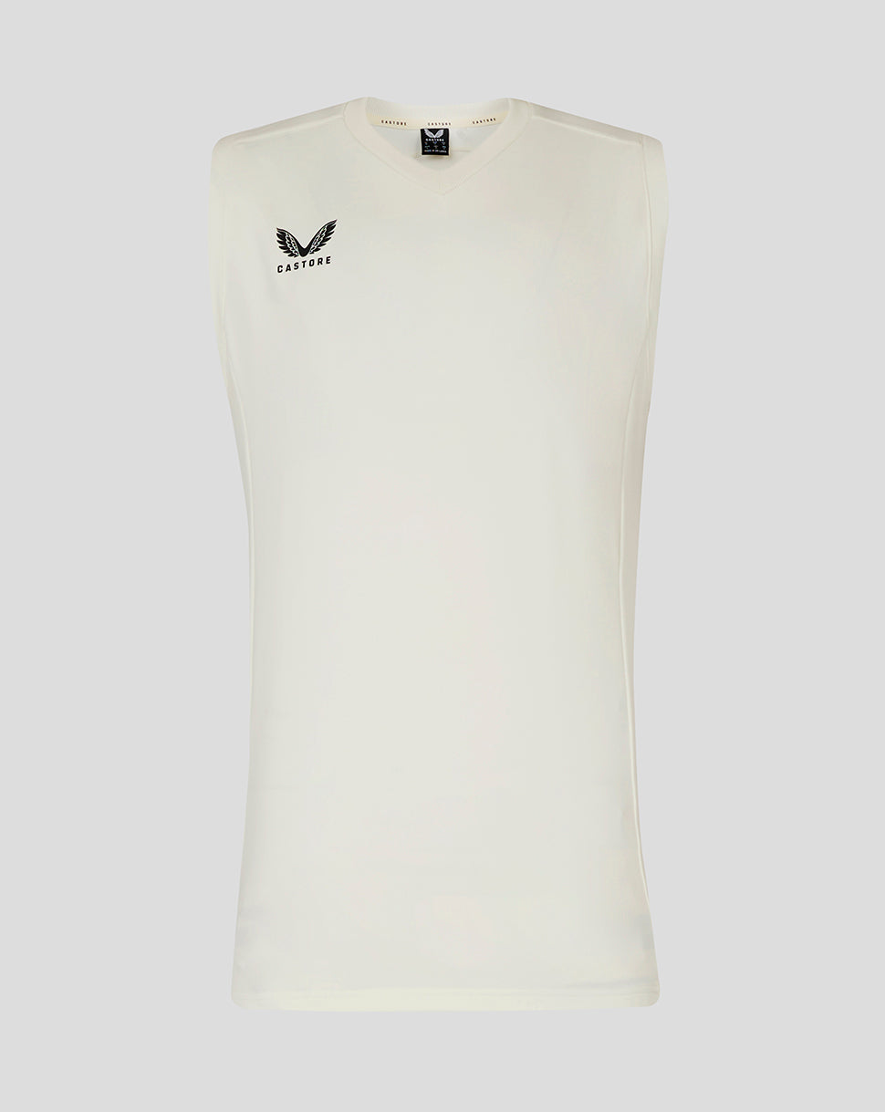 Front view of white unisex cricket sleeveless vest with Castore logo on chest