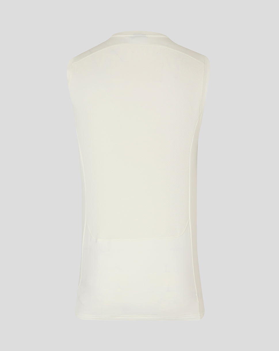 Back view of white unisex cricket sleeveless vest with ribbed neckline