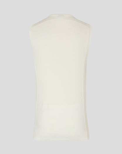 Back view of white unisex cricket sleeveless vest with ribbed neckline