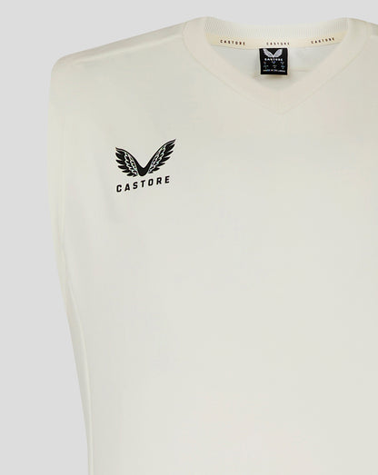 Cream unisex cricket sleeveless vest with mitred V-neck and Castore logo on the chest