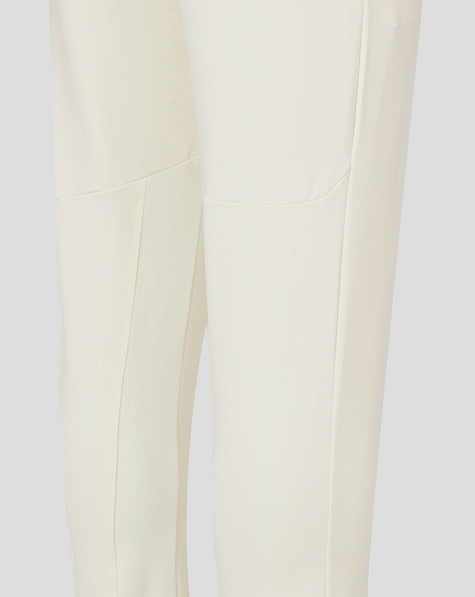 Cream men's cricket trousers close-up of leg showing mesh panel detailing