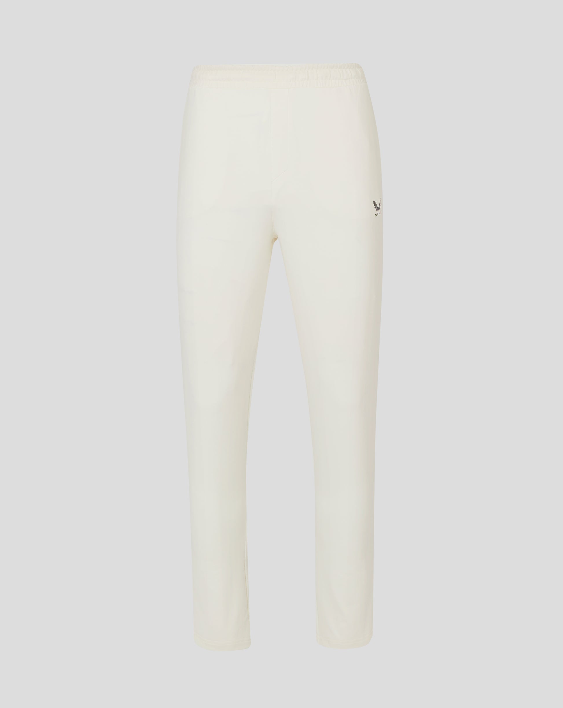 Cannoli Cream junior cricket trousers with drawcord waist mock fly front open side pocket mesh panels and heat sealed Castore logo