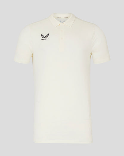 Cream short sleeve cricket tech polo with three button placket and Castore logo on chest