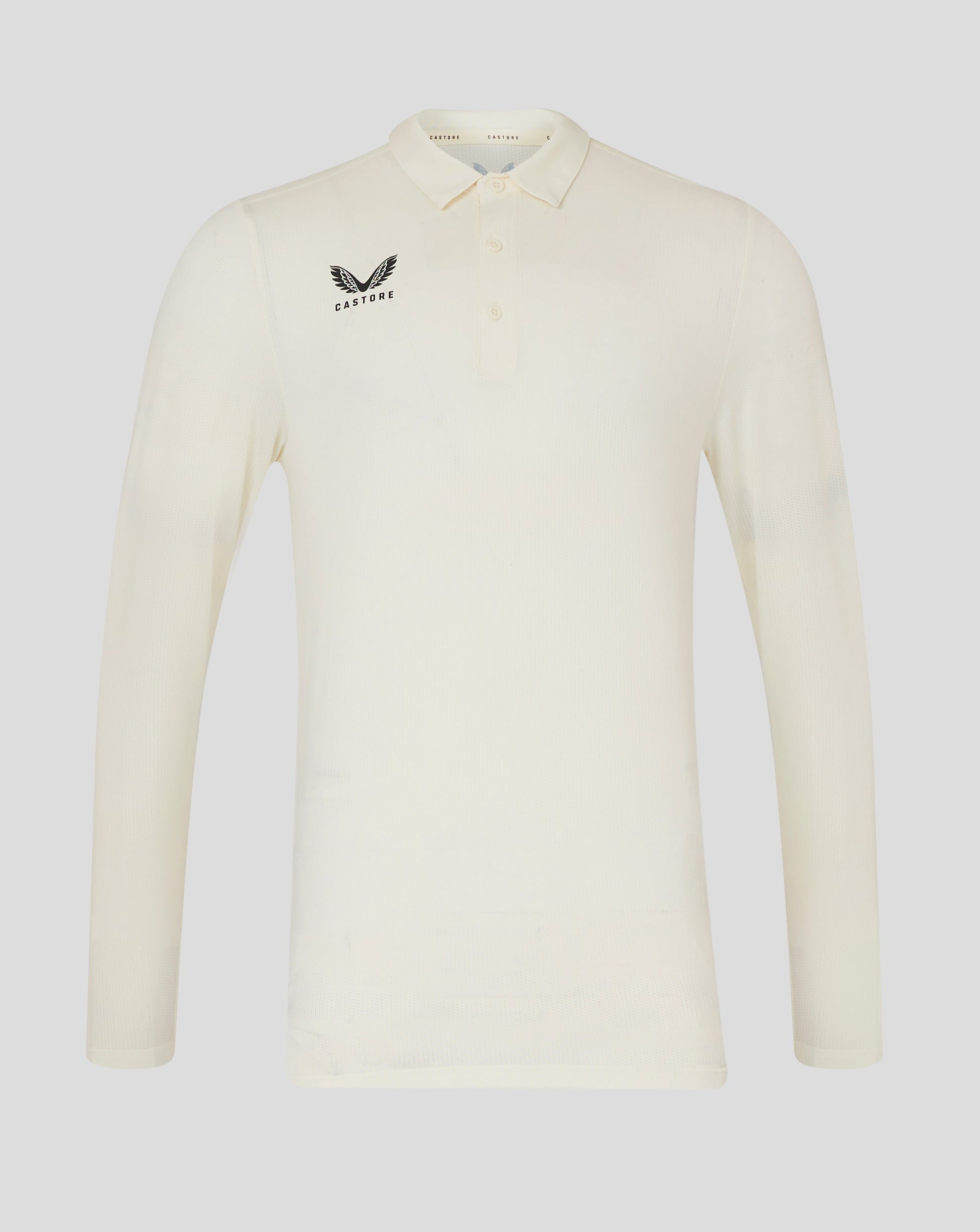 Front view of Cannoli Cream cricket long sleeve tech shirt with Castore logo on left chest