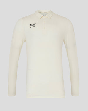 Front view of Cannoli Cream cricket long sleeve tech shirt with Castore logo on left chest