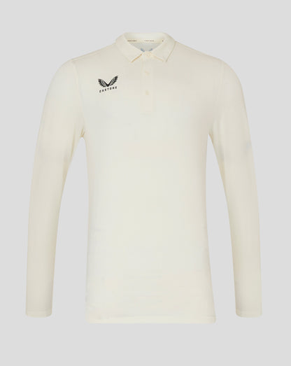 Front view of Cannoli Cream cricket long sleeve tech shirt with Castore logo on left chest