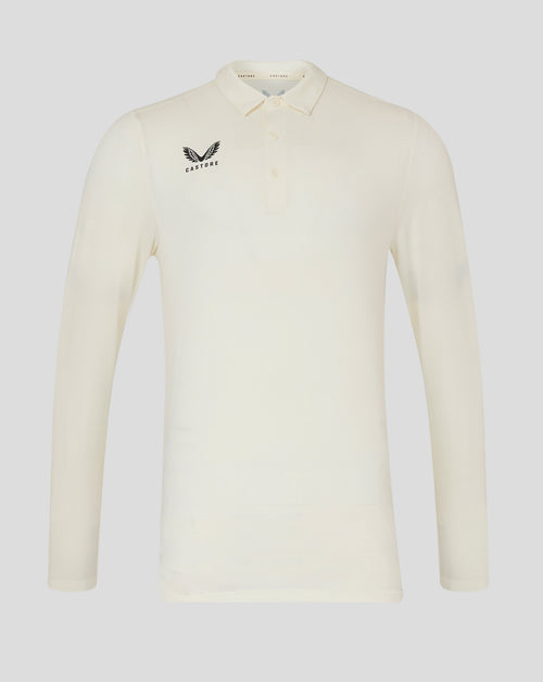 Front view of Cannoli Cream cricket long sleeve tech shirt with Castore logo on left chest