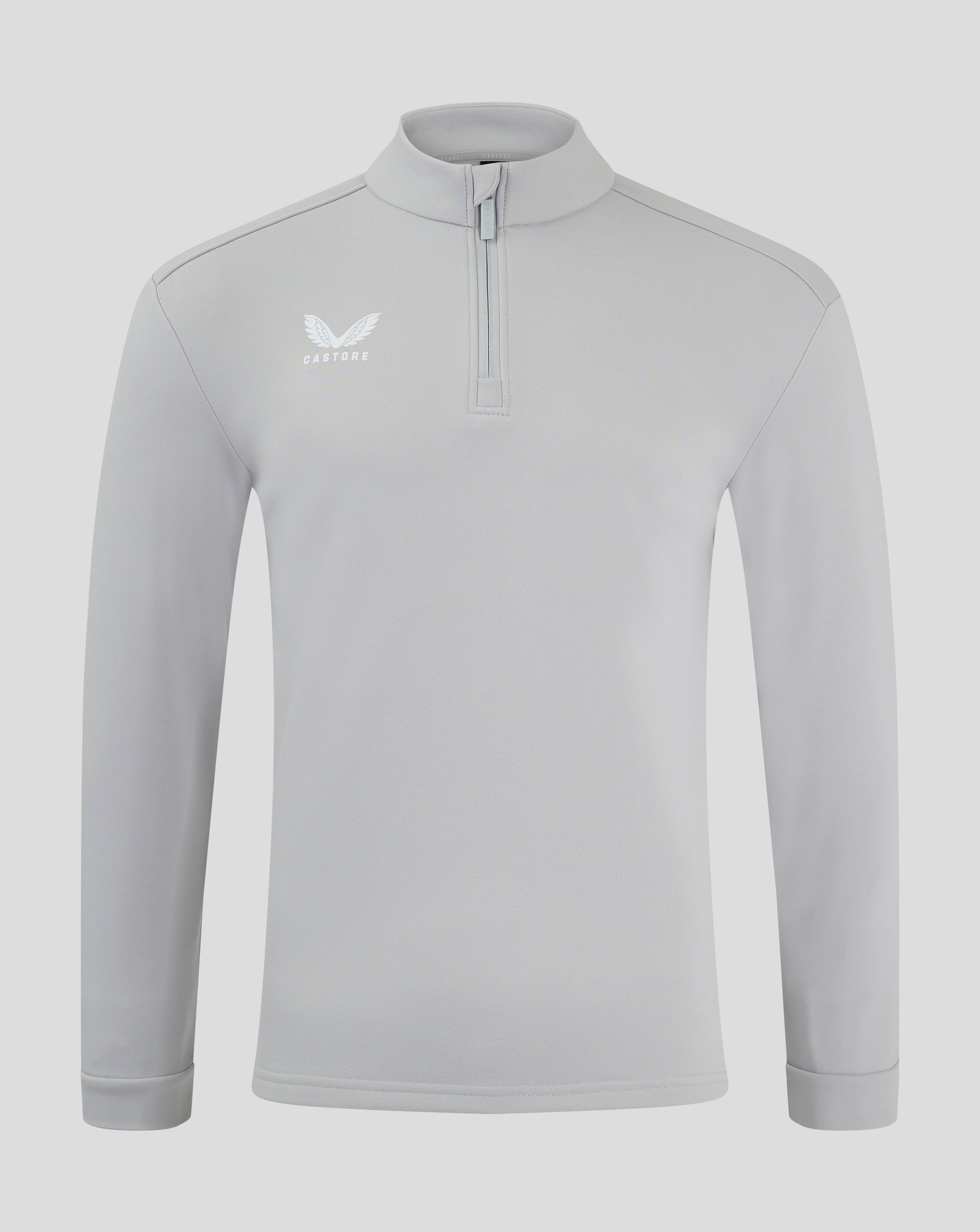 Light grey fleece top with funnel neck and quarter zip, Castore logo on chest.