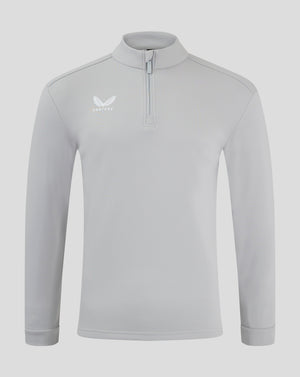 Light grey fleece top with funnel neck and quarter zip, Castore logo on chest.