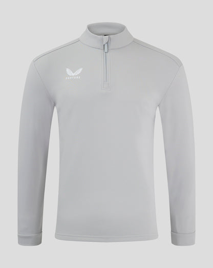 Light grey fleece top with funnel neck and quarter zip, Castore logo on chest.