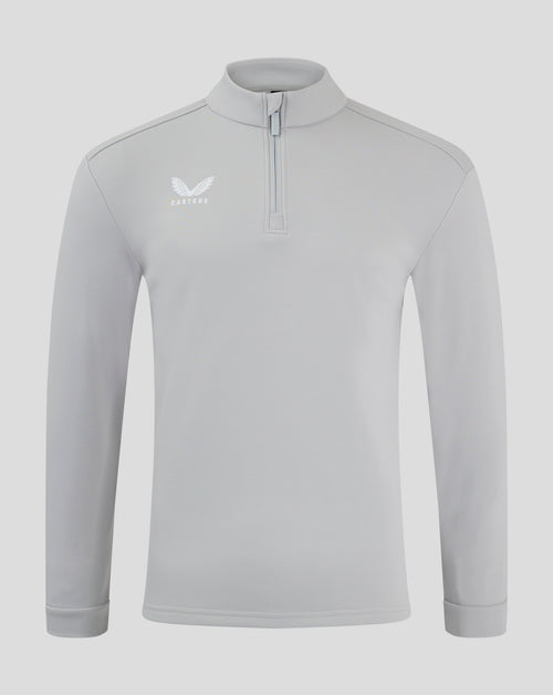 Light grey fleece top with funnel neck and quarter zip, Castore logo on chest.