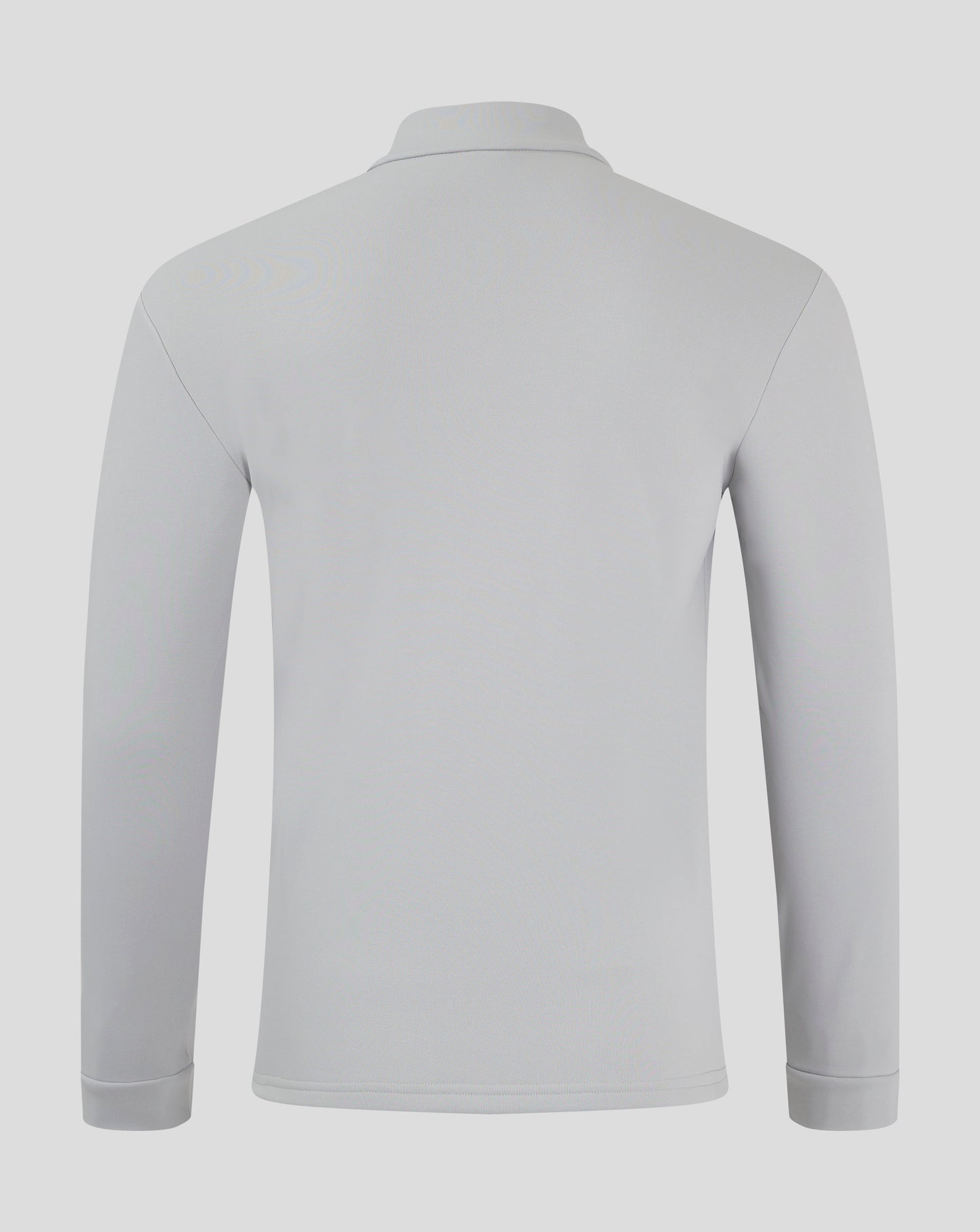Back view of light gray fleece lined quarter zip jacket with funnel neck