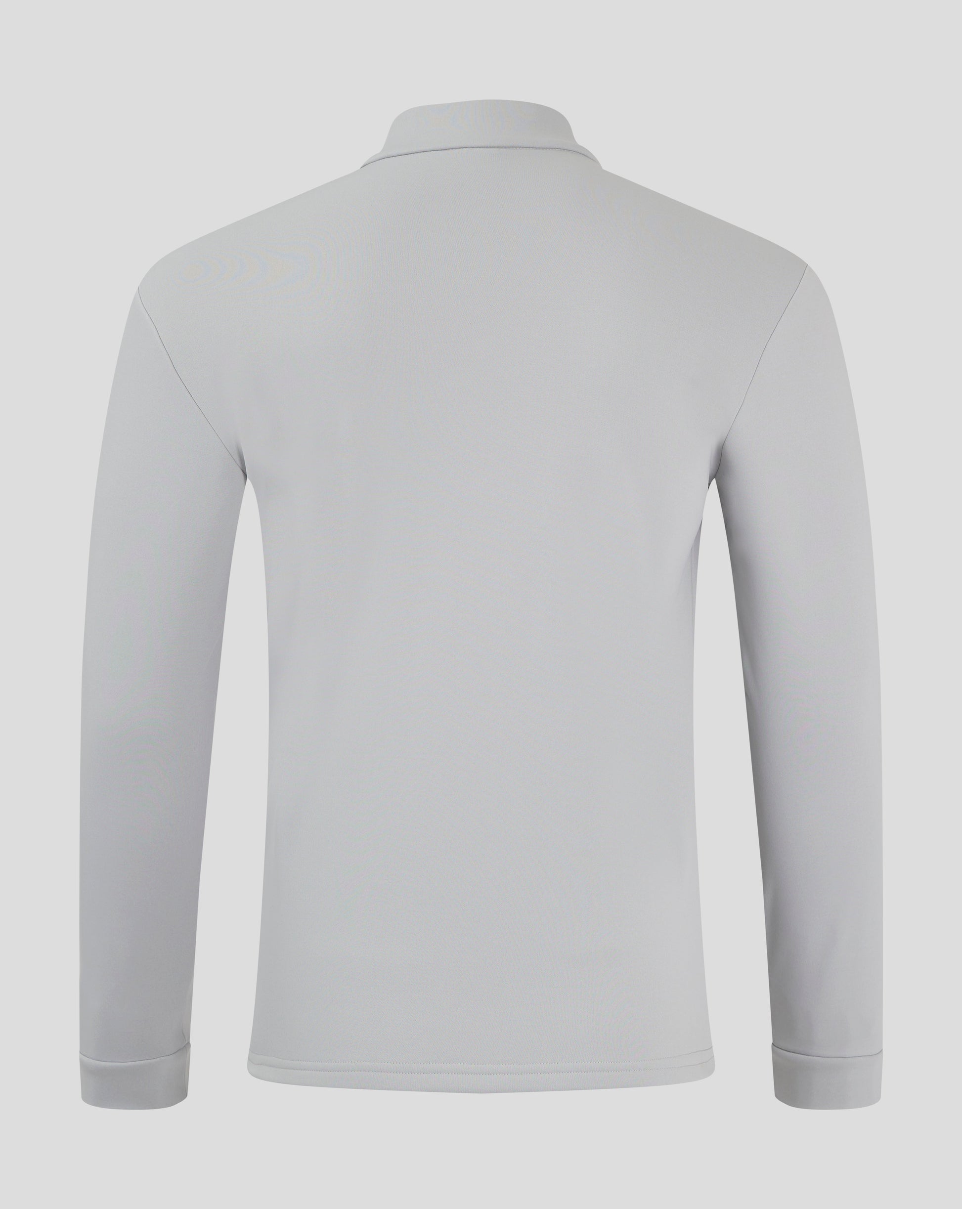 Back view of light gray fleece lined quarter zip jacket with funnel neck
