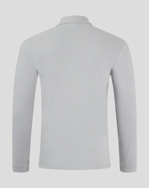 Back view of light gray fleece lined quarter zip jacket with funnel neck