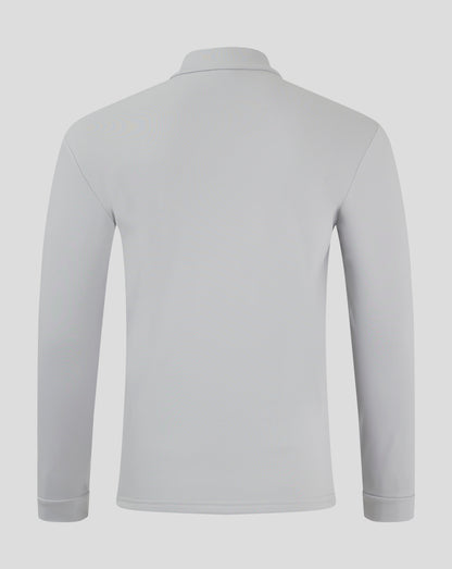 Back view of light gray fleece lined quarter zip jacket with funnel neck