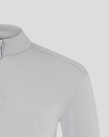 Close up of light gray fleece jacket showing funnel neck and zip detail with chest logo