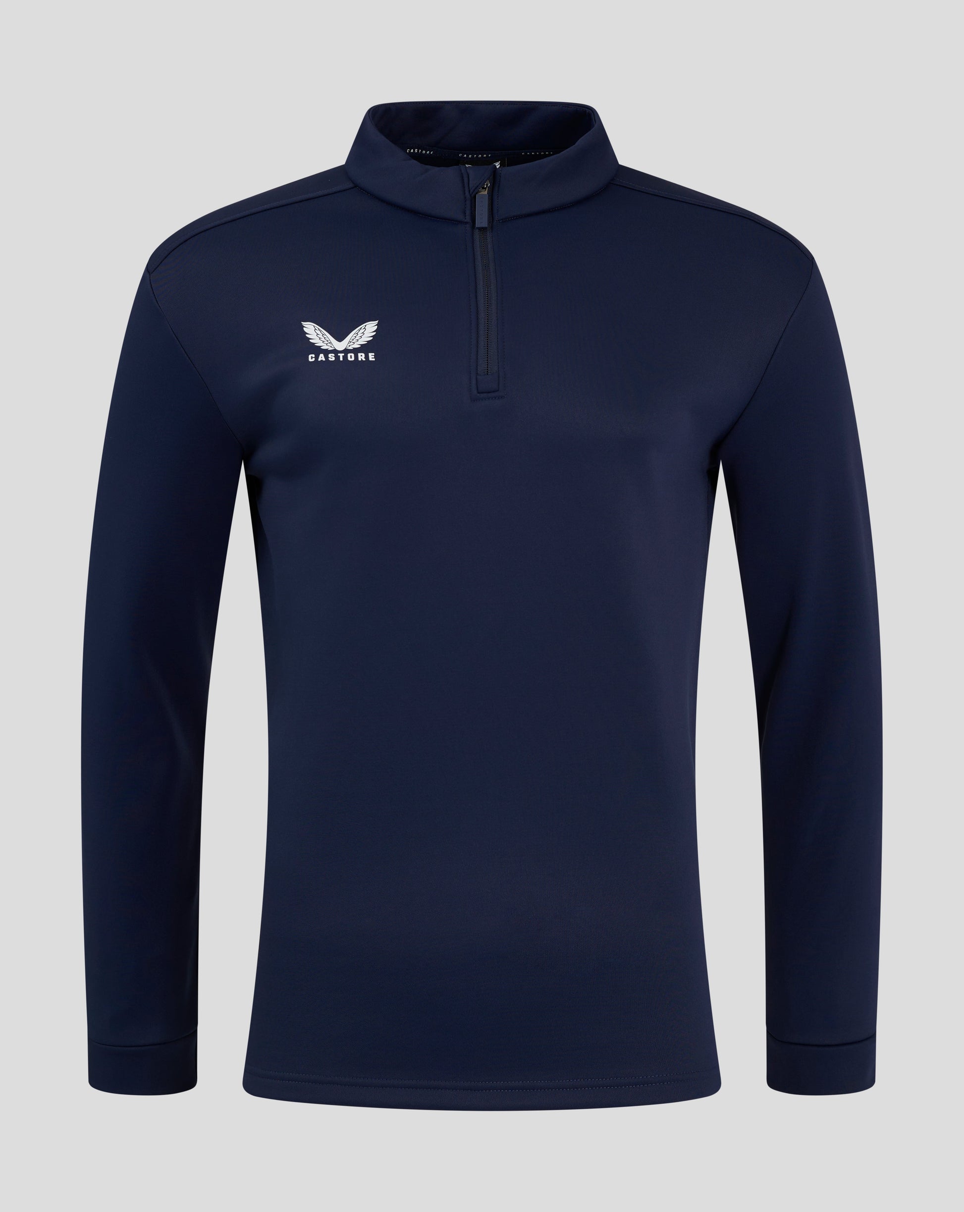 Navy fleece lined 1/4 zip pullover with funnel neck and Castore logo on left chest