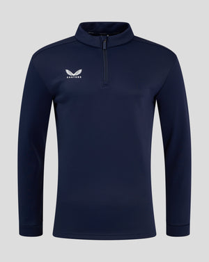 Navy fleece lined 1/4 zip pullover with funnel neck and Castore logo on left chest
