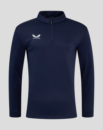 Navy fleece lined 1/4 zip pullover with funnel neck and Castore logo on left chest