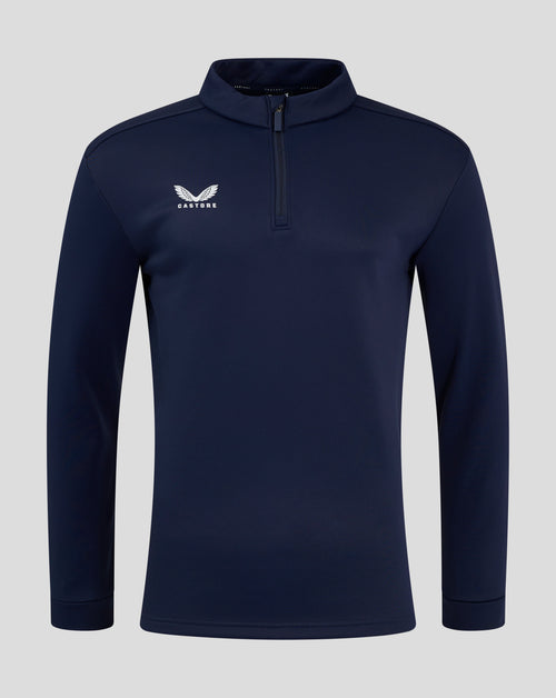 Navy fleece lined 1/4 zip pullover with funnel neck and Castore logo on left chest