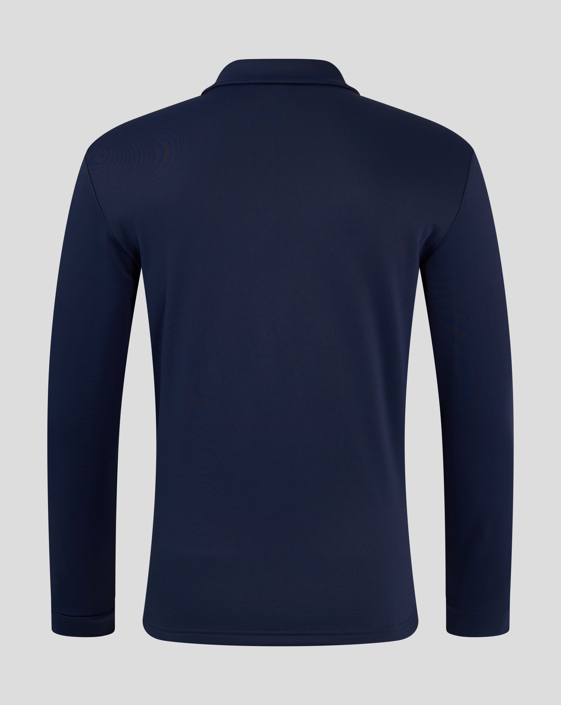 Back view of navy fleece lined 1/4 zip showing high collar and smooth back