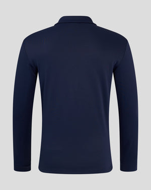 Back view of navy fleece lined 1/4 zip showing high collar and smooth back