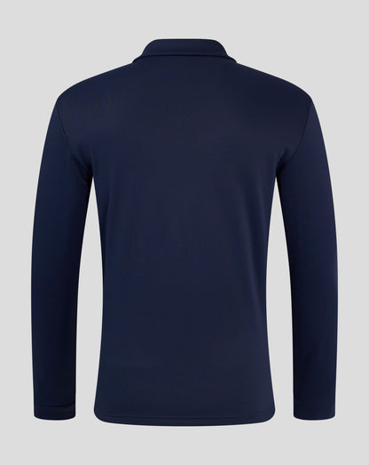 Back view of navy fleece lined 1/4 zip showing high collar and smooth back