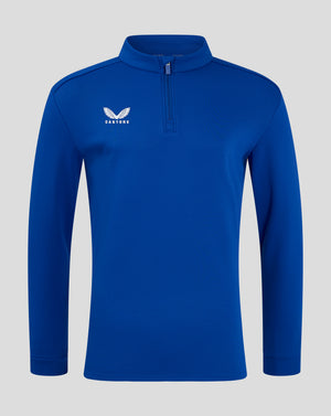 Front view of royal blue fleece with funnel neck and quarter zip with chin guard and Castore logo.