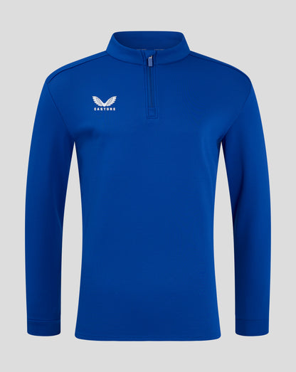 Front view of royal blue fleece with funnel neck and quarter zip with chin guard and Castore logo.