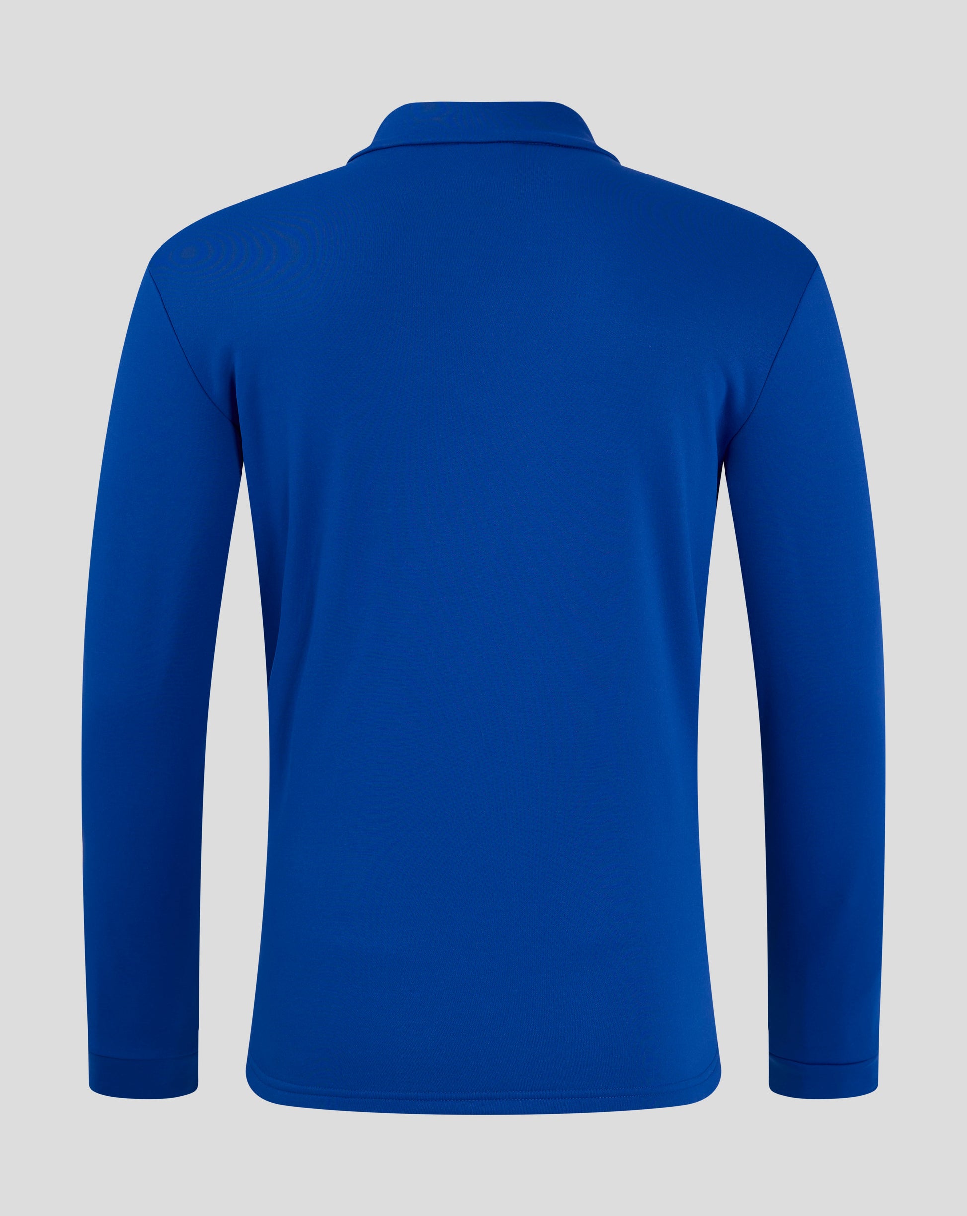 Back view of royal blue fleece top with standing collar and long sleeves.