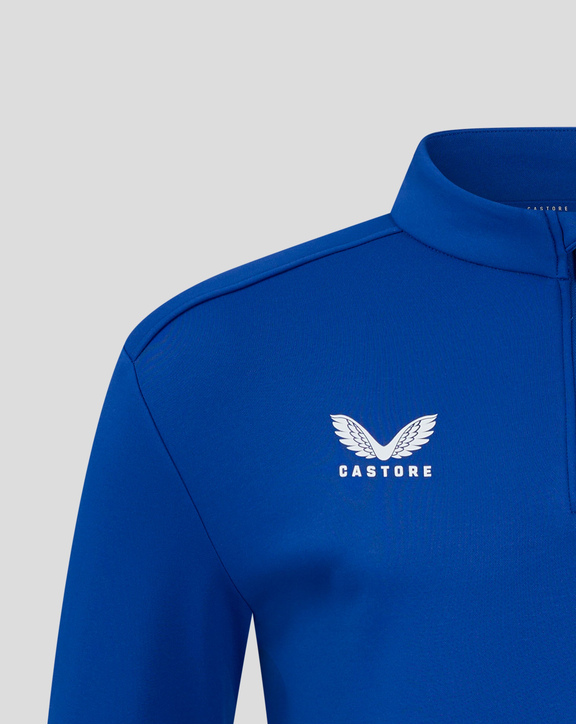 Blue fleece jacket with funnel neck and visible Castore branding on the chest