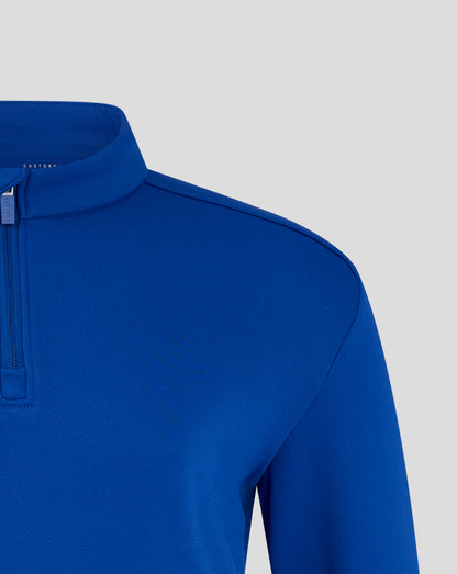 Blue fleece jacket collar and shoulder detail with a zipper pull and Castore branding